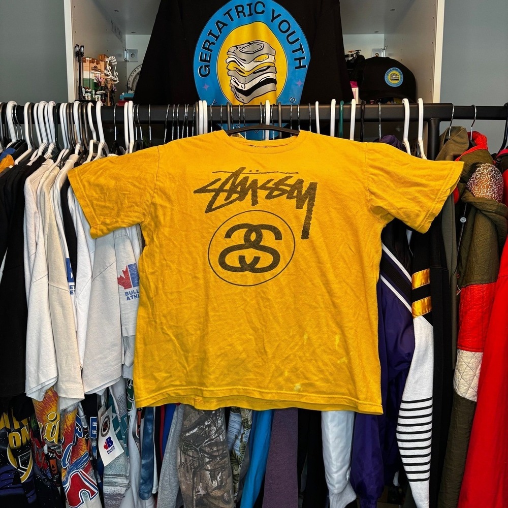 Vintage Stussy Stock Logo T Shirt Yellow Small Made In Mexico Streetwear Graphic